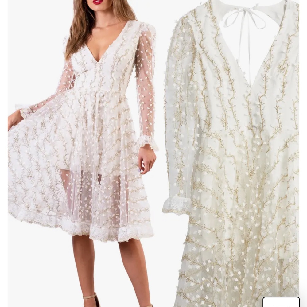 Ella Embroidered Long Sleeve V-Neck Midi Dress, Helsi